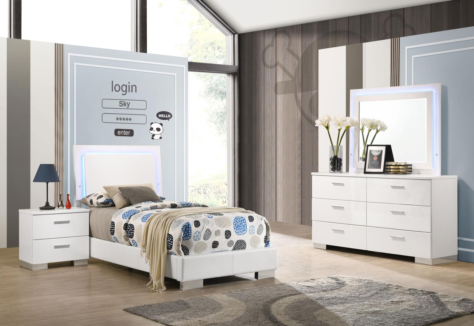 Felicity Collection Felicity 4-Piece Twin Bedroom Set With LED Headboard And Mirror Glossy White 203500T-s4l