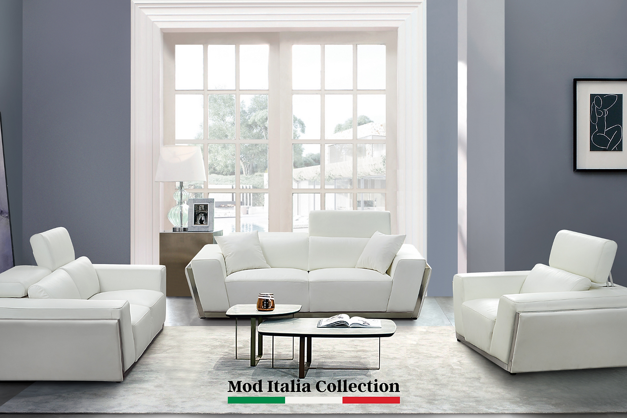 Domo White Modern Contemporary Solid Wood Metal Upholstered Italian Leather Collection