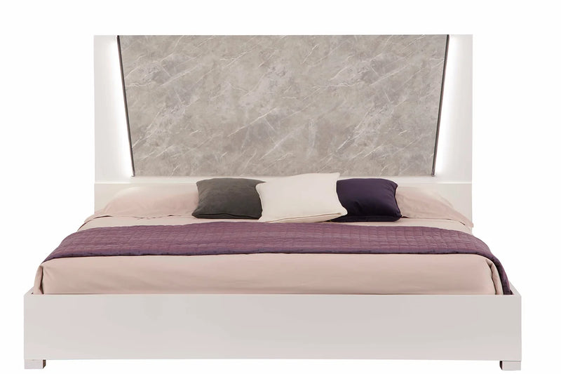 Marlene White/Gray Solid Wood Marble Top High Gloss Lacquer ItalianBedroom LED Bedroom Set