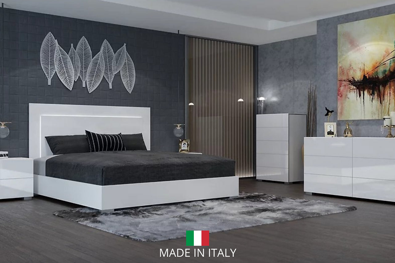 Giorgio White Modern Contemporary Marble Top Solid Wood LED Panel Bedroom Set