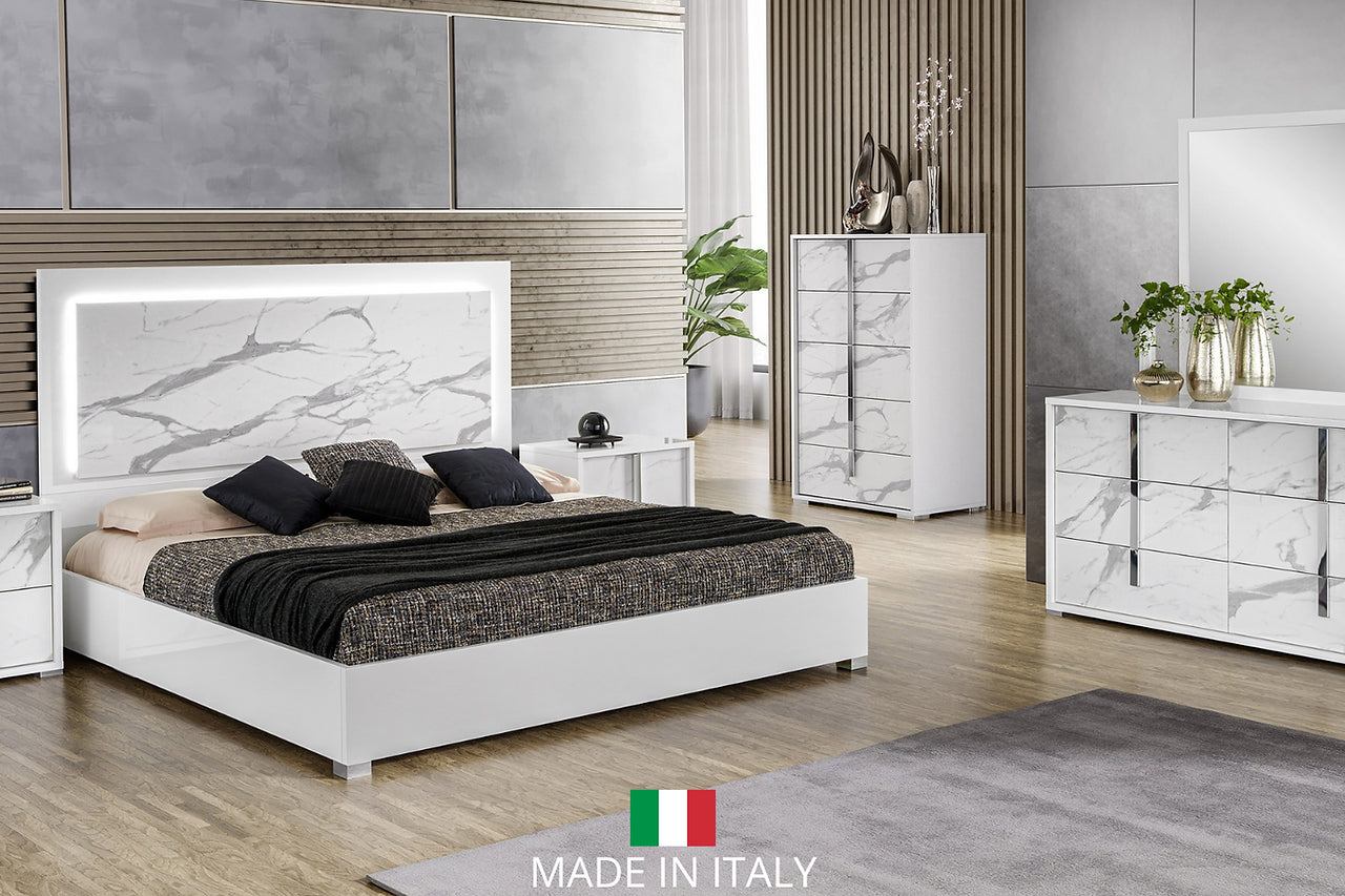 Sonia White Solid Wood Marble Top High Gloss Lacquer ItalianBedroom 2-Drawers Nightstand