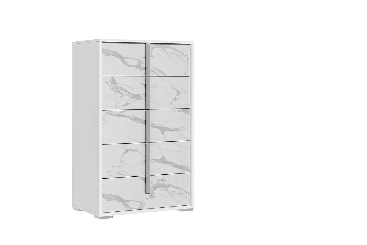 Sonia White Solid Wood Faux Marble Top High Gloss Lacquer ItalianBedroom 5-Drawers Chest