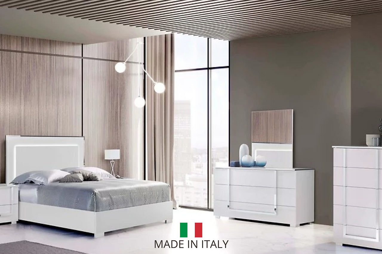 Antonella White Modern Contemporary High Gloss Lacquer Solid Wood LED Bedroom Set