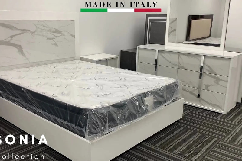 Sonia White Solid Wood Faux Marble Top High Gloss Lacquer ItalianBedroom LED Bedroom Set