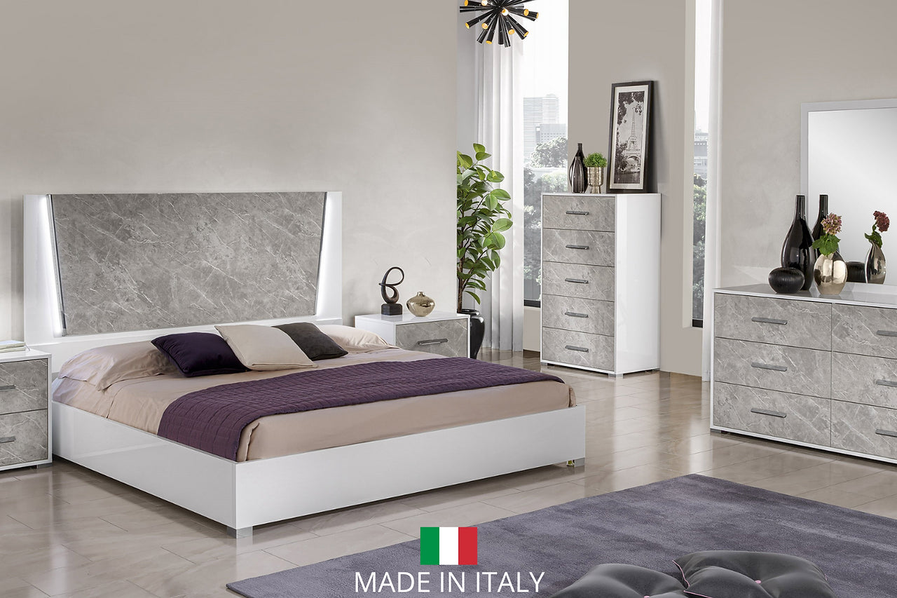 Marlene White/Gray Contemporary Solid Wood Marble Top High Gloss Lacquer LED Bedroom Set