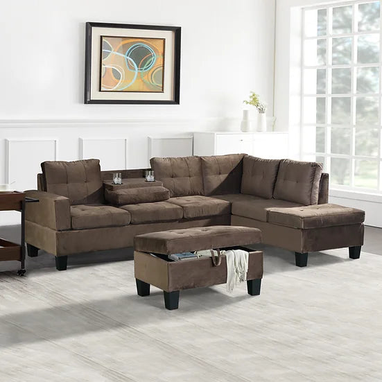 Allen Parkway Brown Modern Velvet Upholstery Tufted 3Pcs Sectional With Storage Ottoman