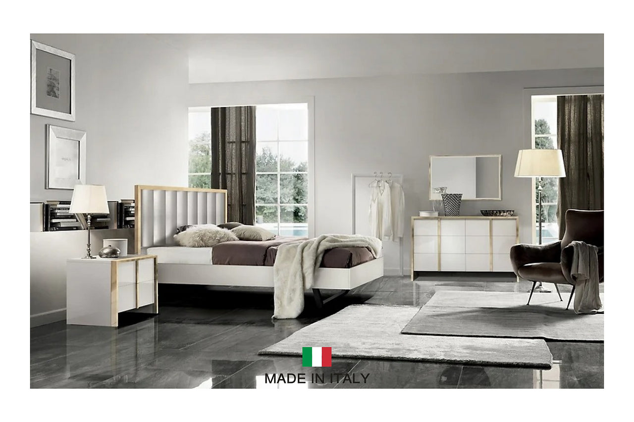 Fiocco White/Gold Contemporary High Gloss Lacquer Solid Wood LED Faux Leather Bedroom Set