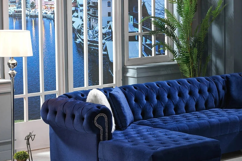 Yaz Blue Modern Contemporary Wood, Engineered Wood Velvet Upholstered Tufted Sectional