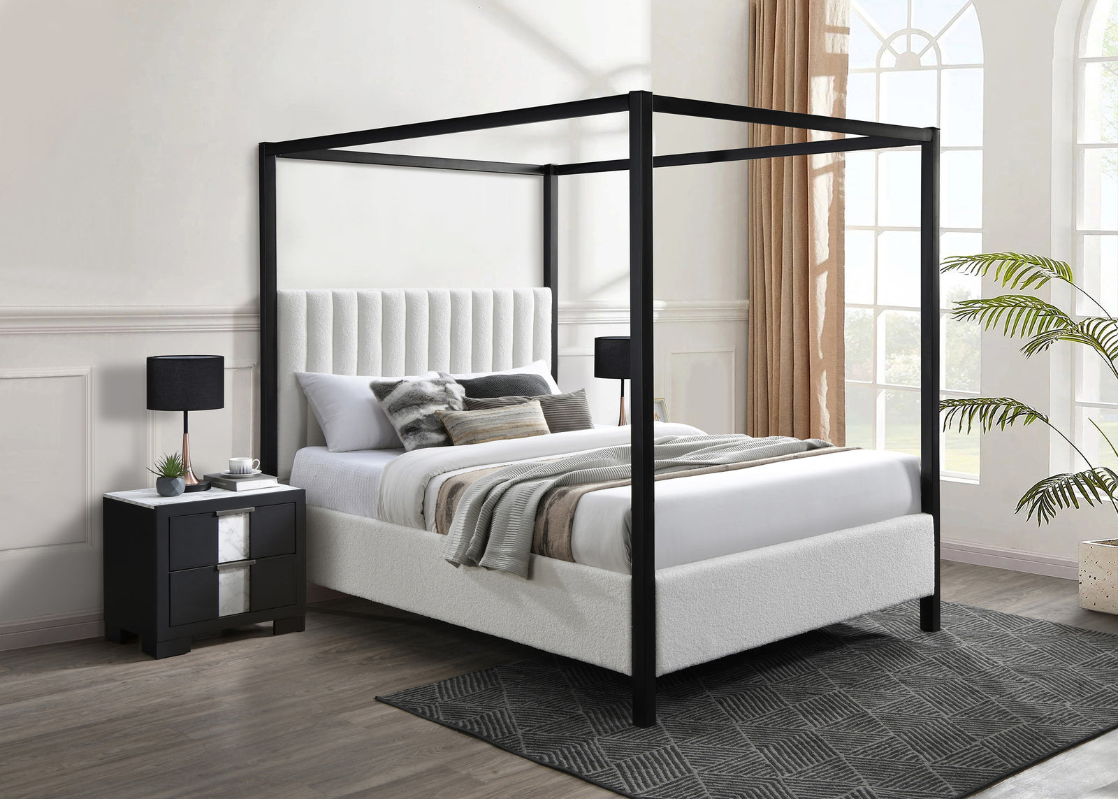 Adalyn Canopy White Modern Solid Wood Velvet Upholstered Queen Bed