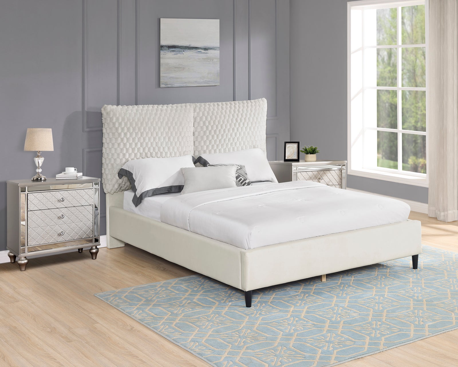 Violet White Modern Solid Wood Velvet Upholstered Queen Bed