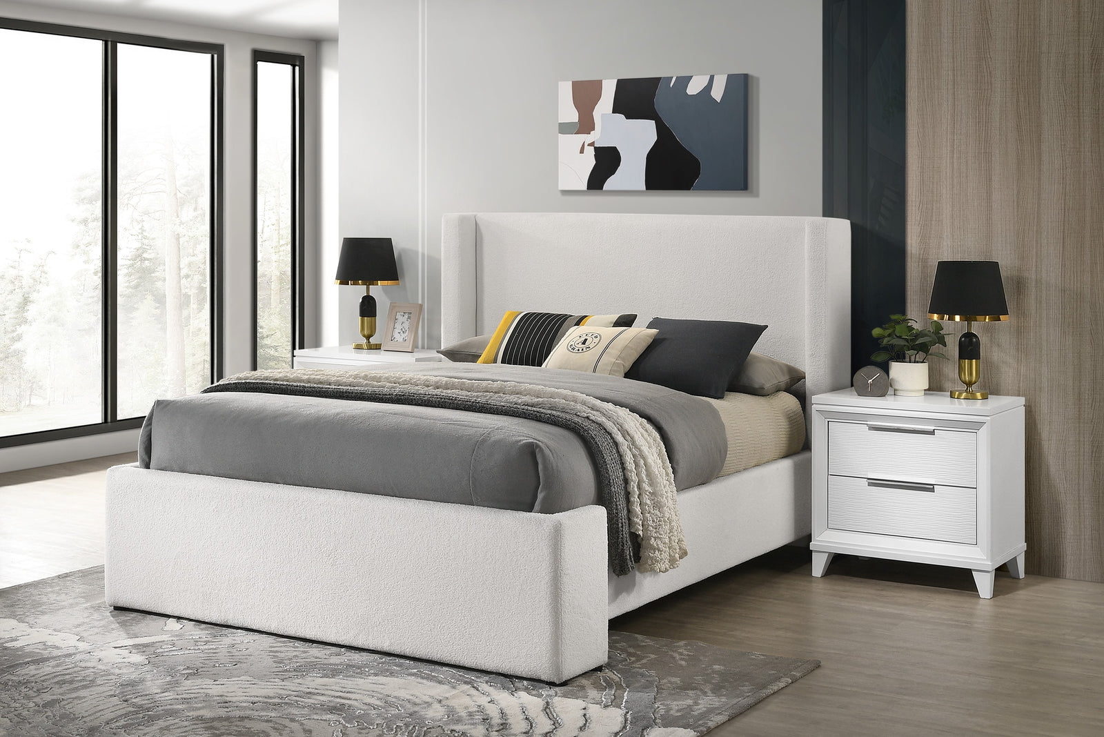 Portia White Modern Solid Wood Velvet Upholstered Queen Bed