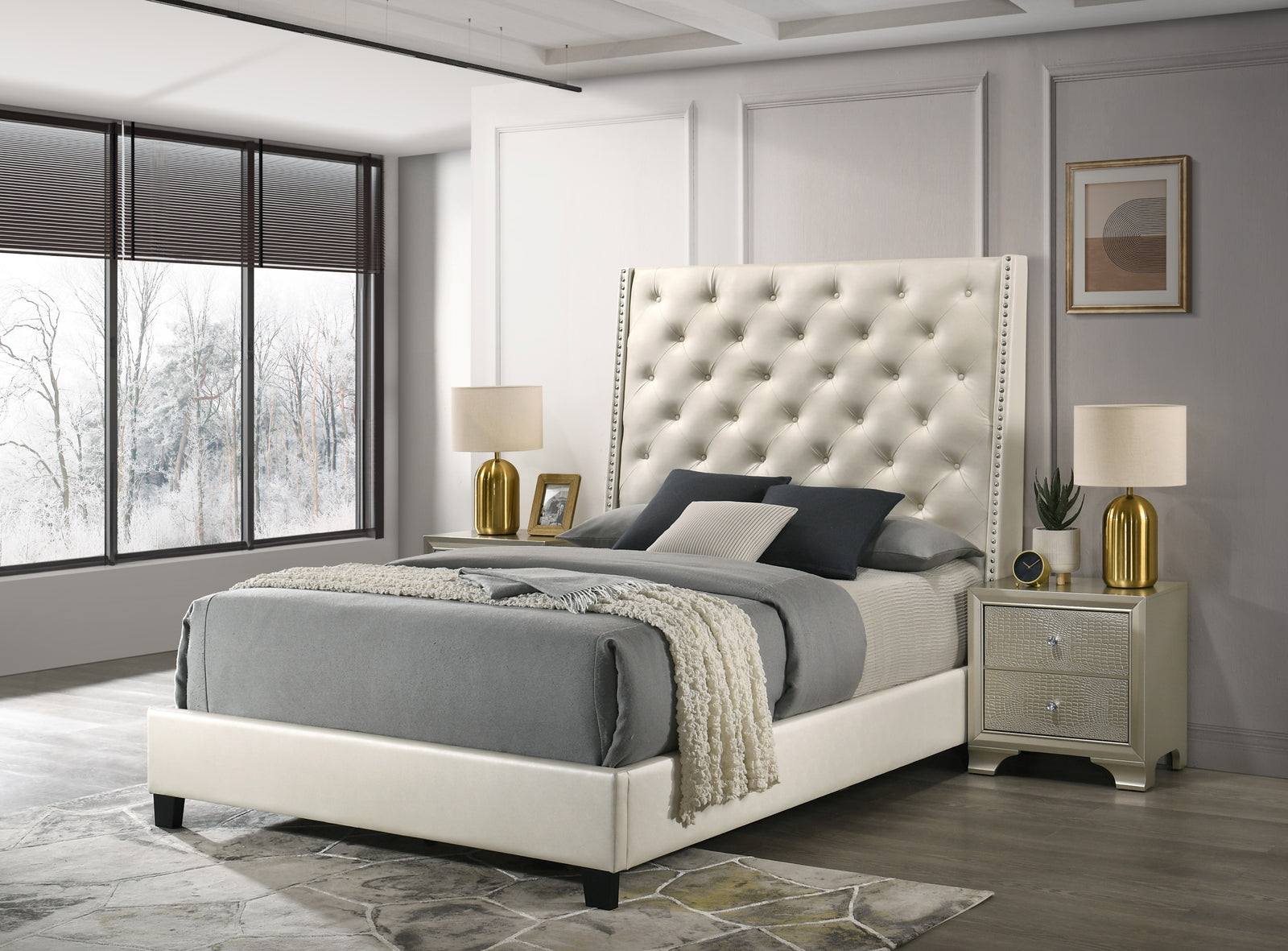 Chantilly Pearl Modern Solid Wood Faux Leather Upholstered Tufted Queen Bed