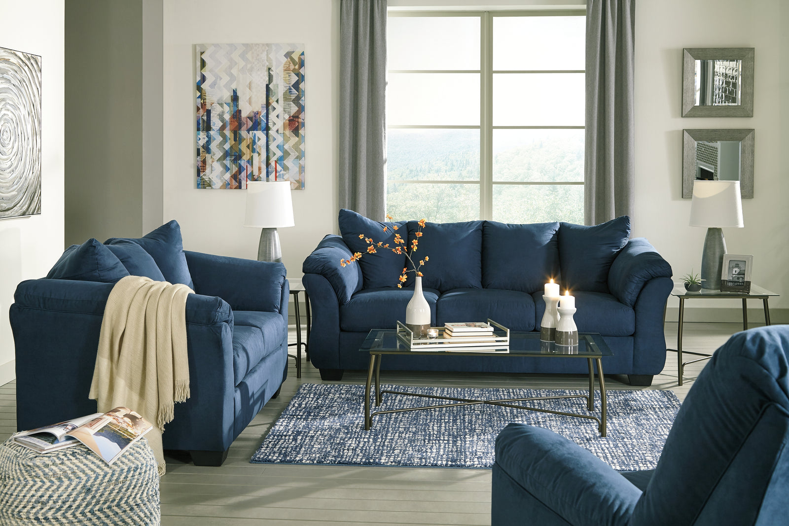 Darcy Blue Sofa, Loveseat And Recliner
