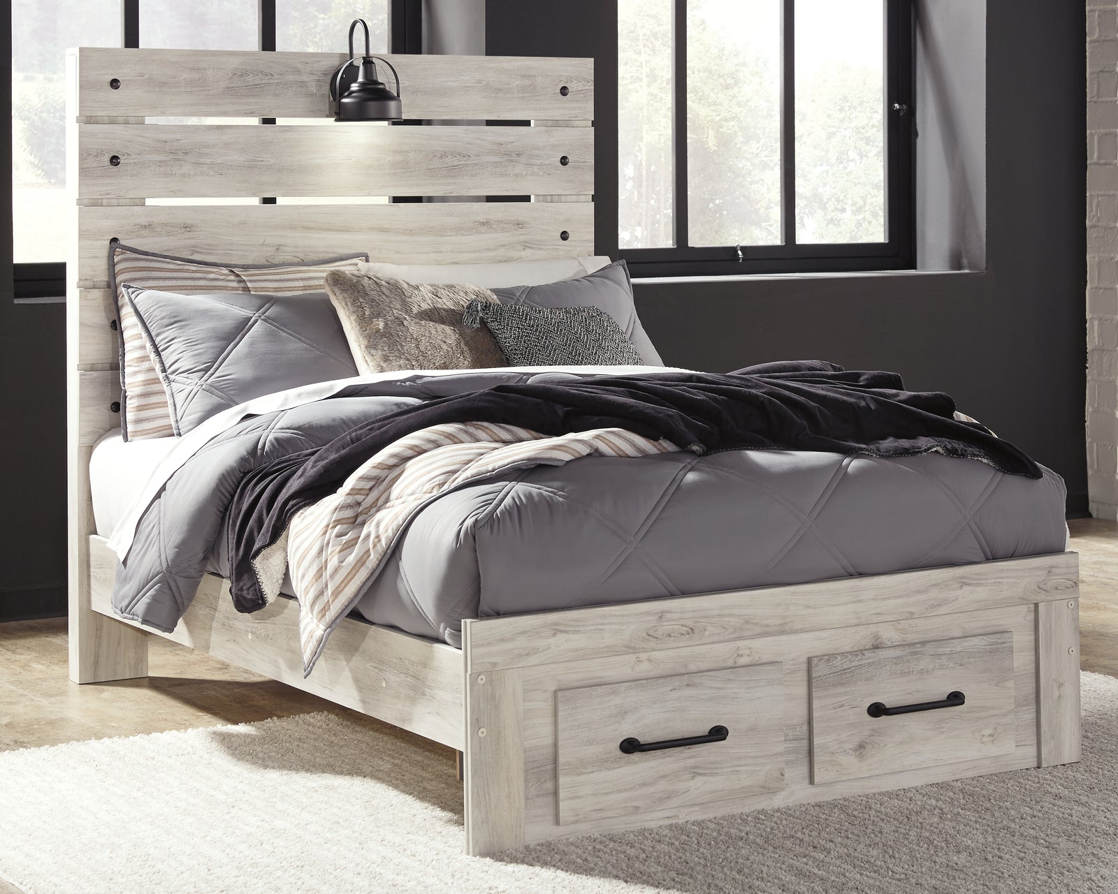 Cambeck Whitewash Full Panel Bed With 2 Storage Drawers