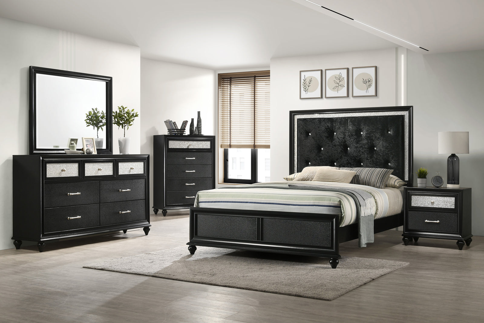 Lila Black Modern Contemporary Solid Wood Velvet Upholstered Tufted King Bed