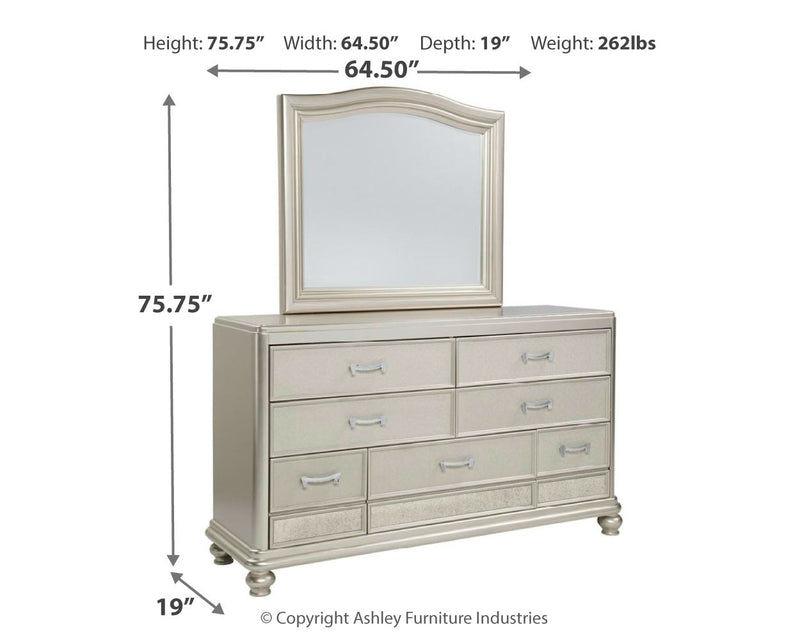 Coralayne Gray King Upholstered Bed With Mirrored Dresser