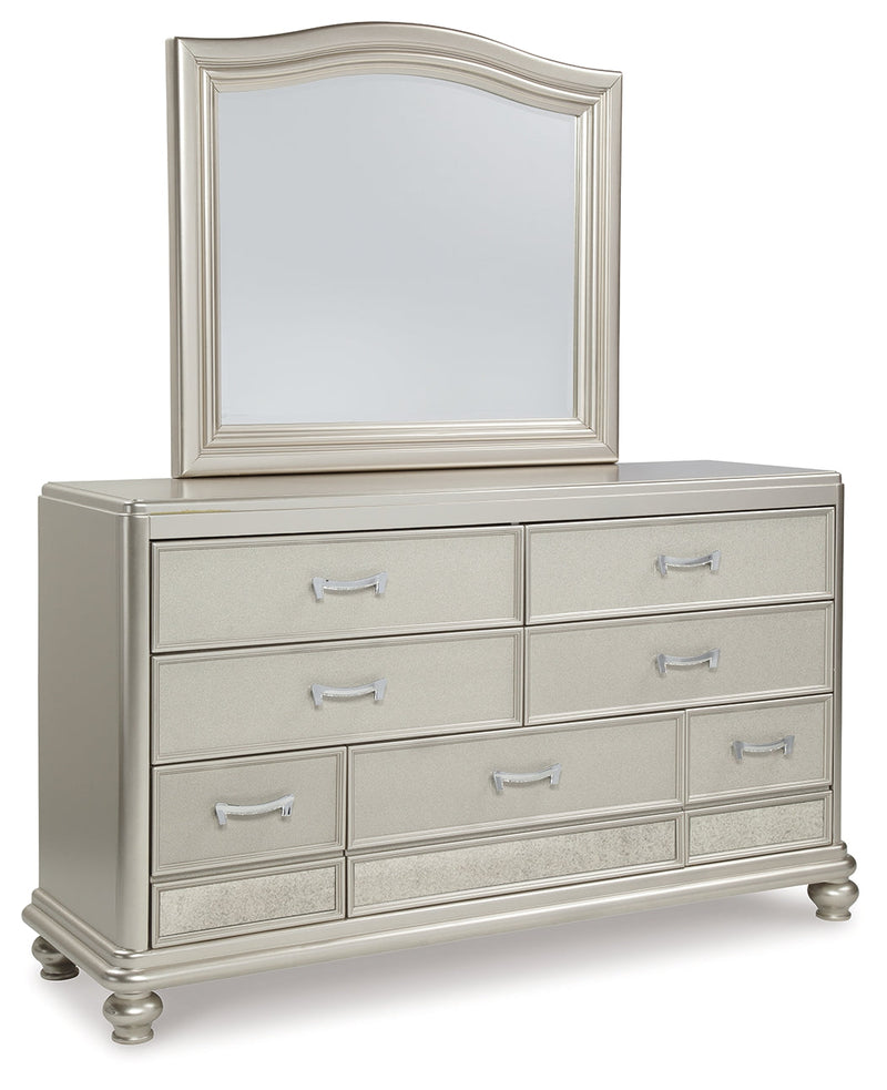 Coralayne Gray King Upholstered Bed With Mirrored Dresser