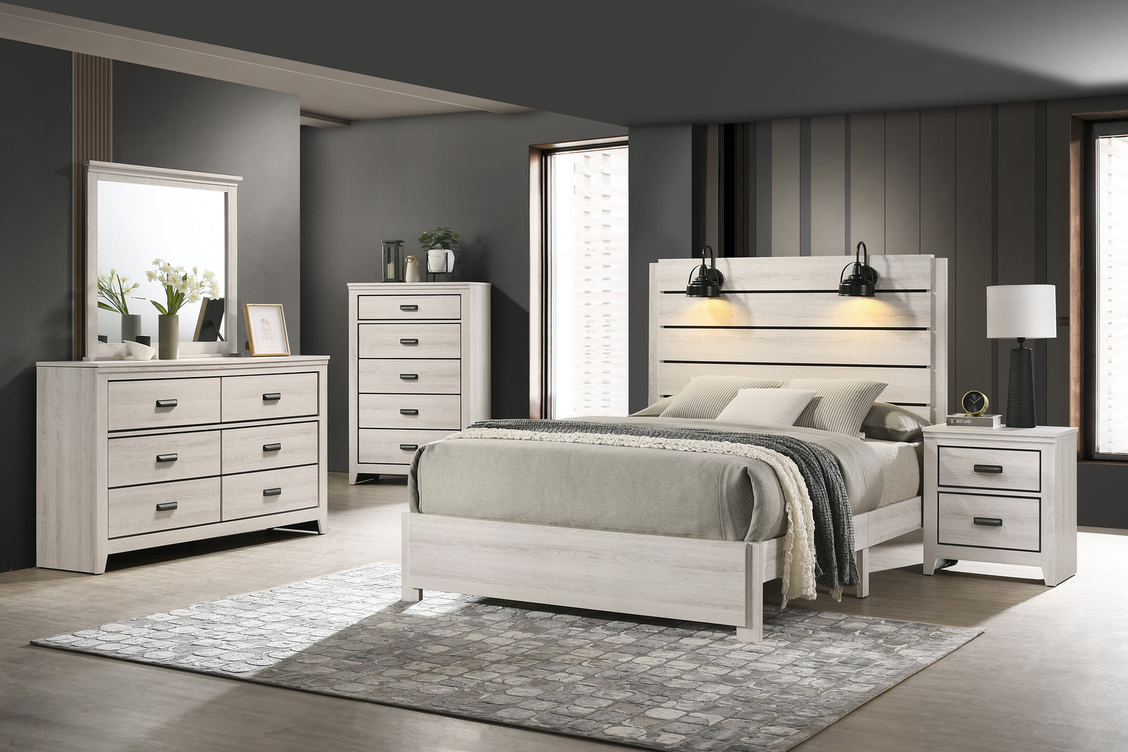 Carter White Modern Contemporary Solid Wood And Veneers LED Bedroom Set