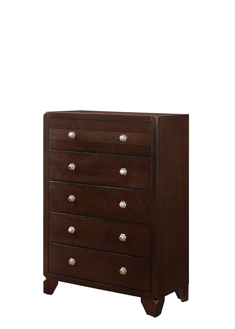Tamblin Chest Brown, Traditional Contemporary Modern Wood, Hexagon Metal Knobs 5 Drawers