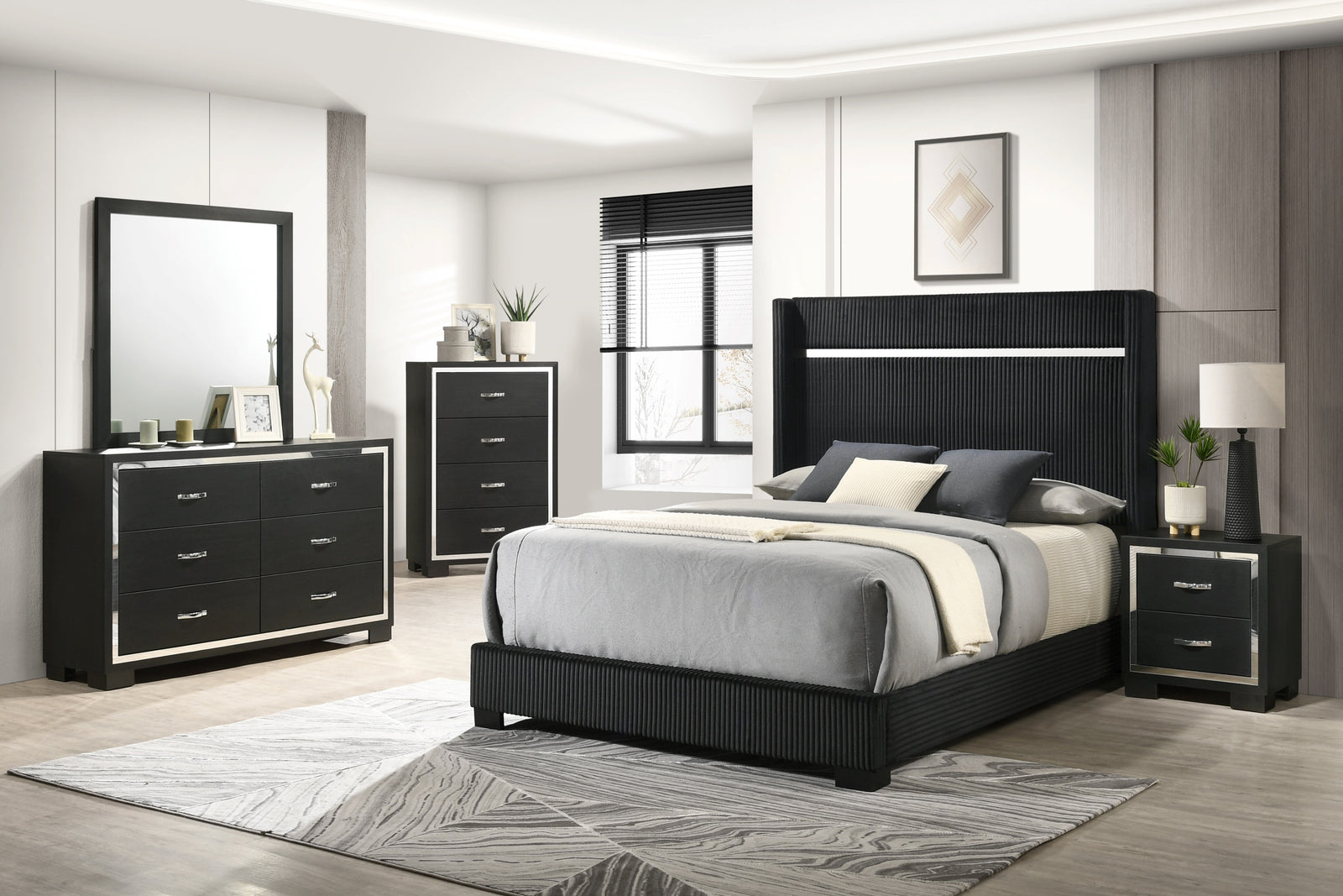Gennro Black Modern Contemporary Solid Wood Velvet Upholstered Bedroom Set