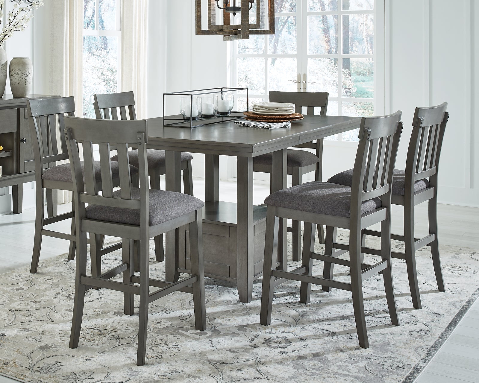 Hallanden Gray Counter Height Dining Table And 6 Barstools With Storage