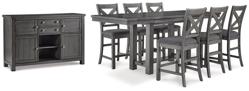 Myshanna Gray Counter Height Dining Table And 6 Barstools With Storage