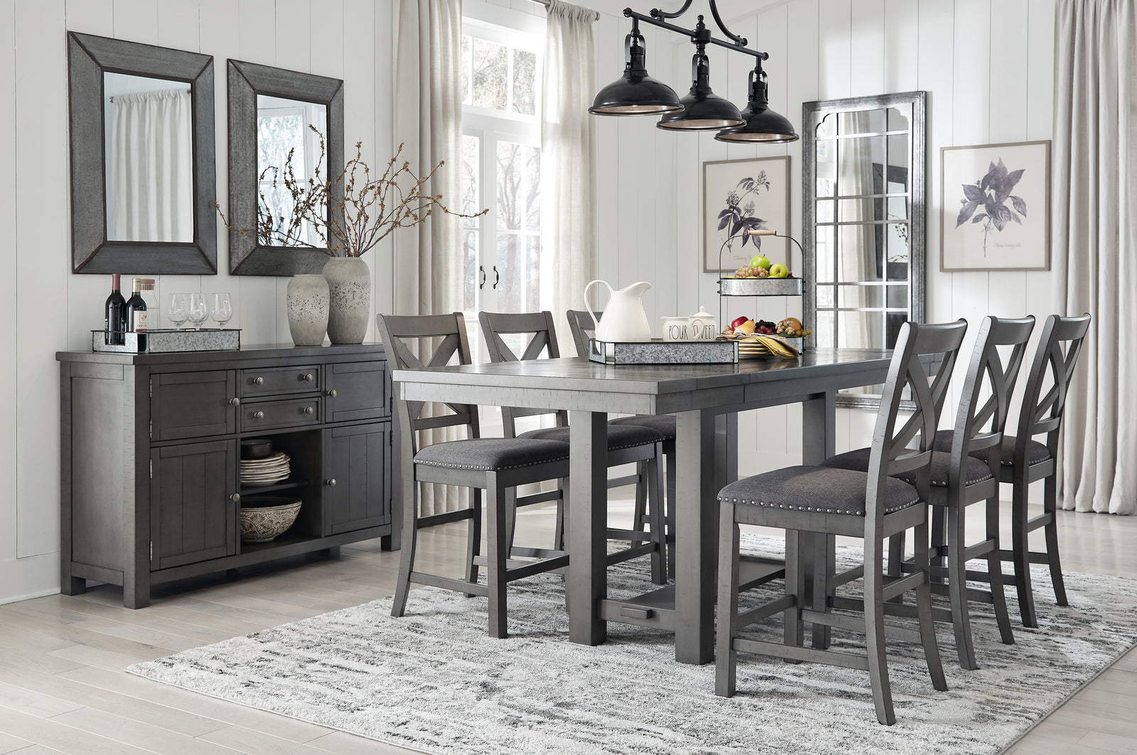 Myshanna Gray Counter Height Dining Table And 6 Barstools With Storage