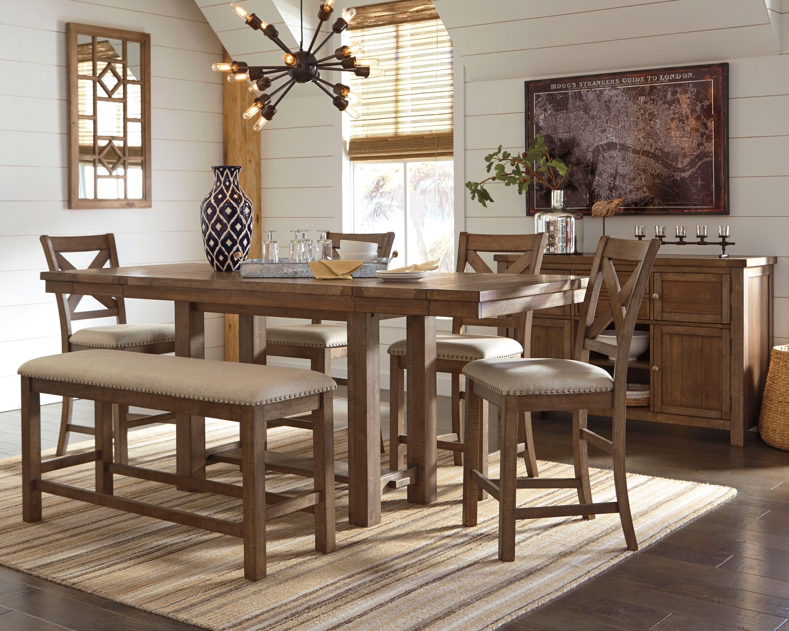Moriville Grayish Brown Counter Height Dining Table And 4 Barstools And Bench With Storage