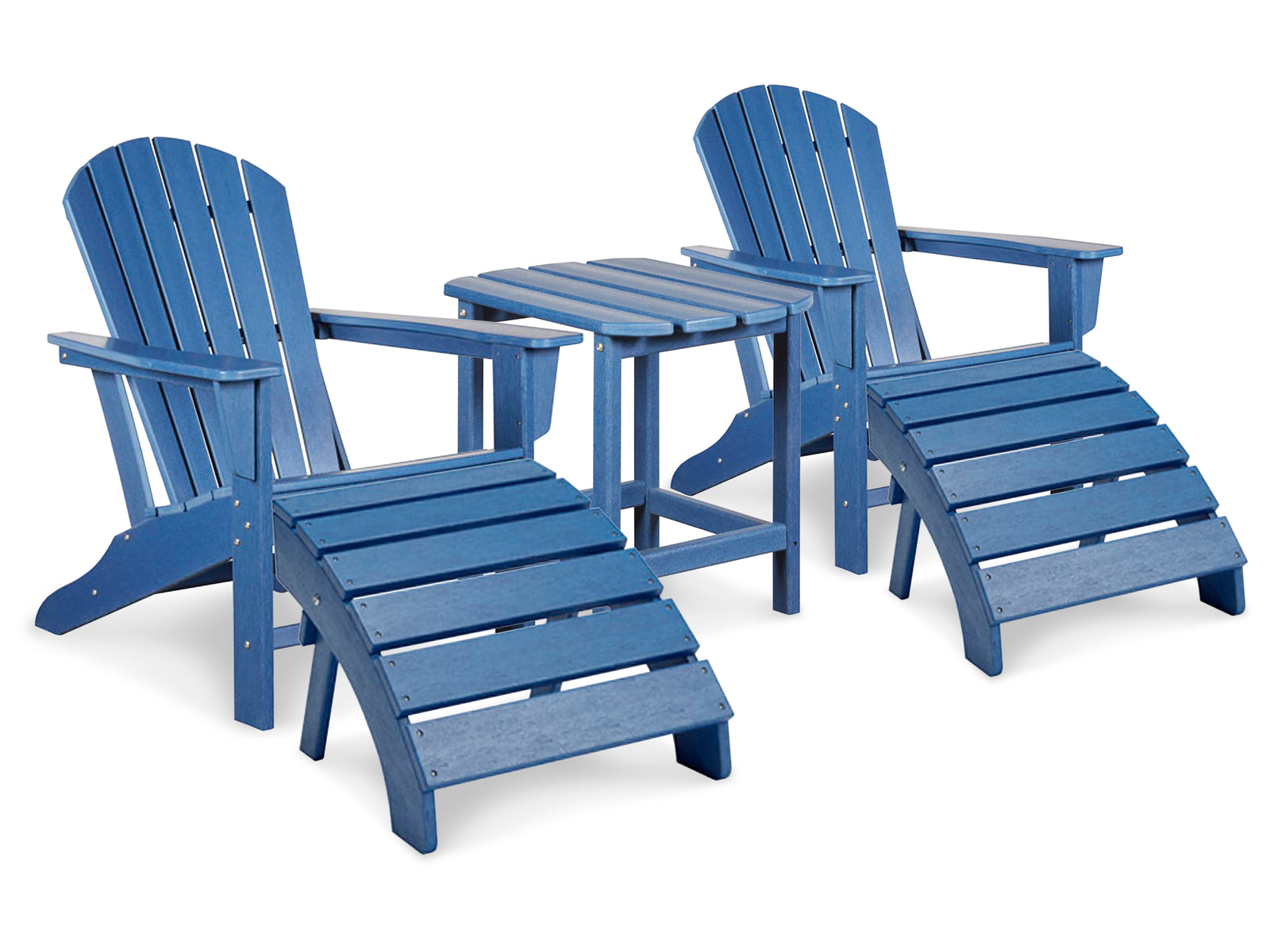Sundown Blue Treasure 2 Outdoor Adirondack Chairs And Ottomans With Side Table