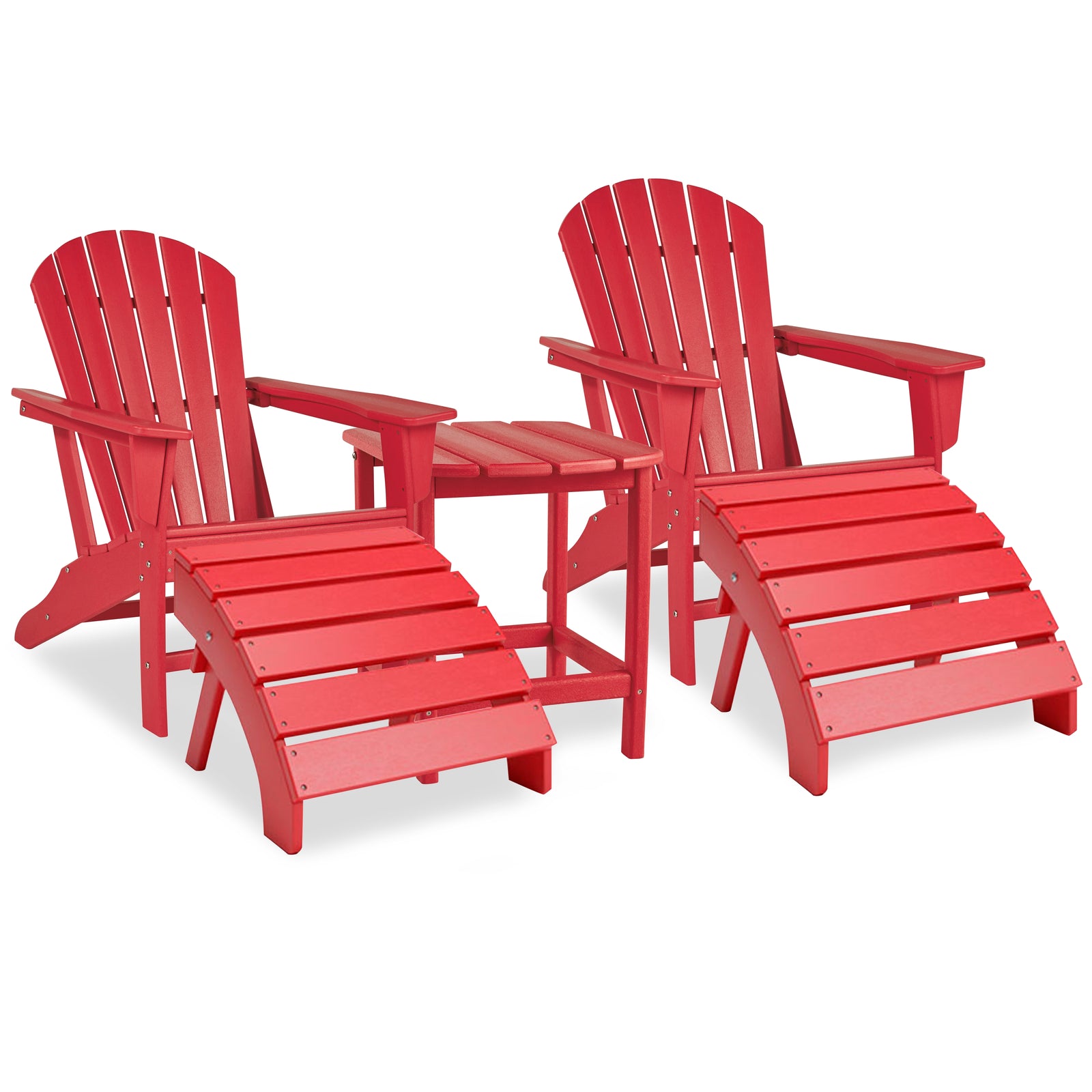 Sundown Red Treasure 2 Outdoor Adirondack Chairs And Ottomans With Side Table