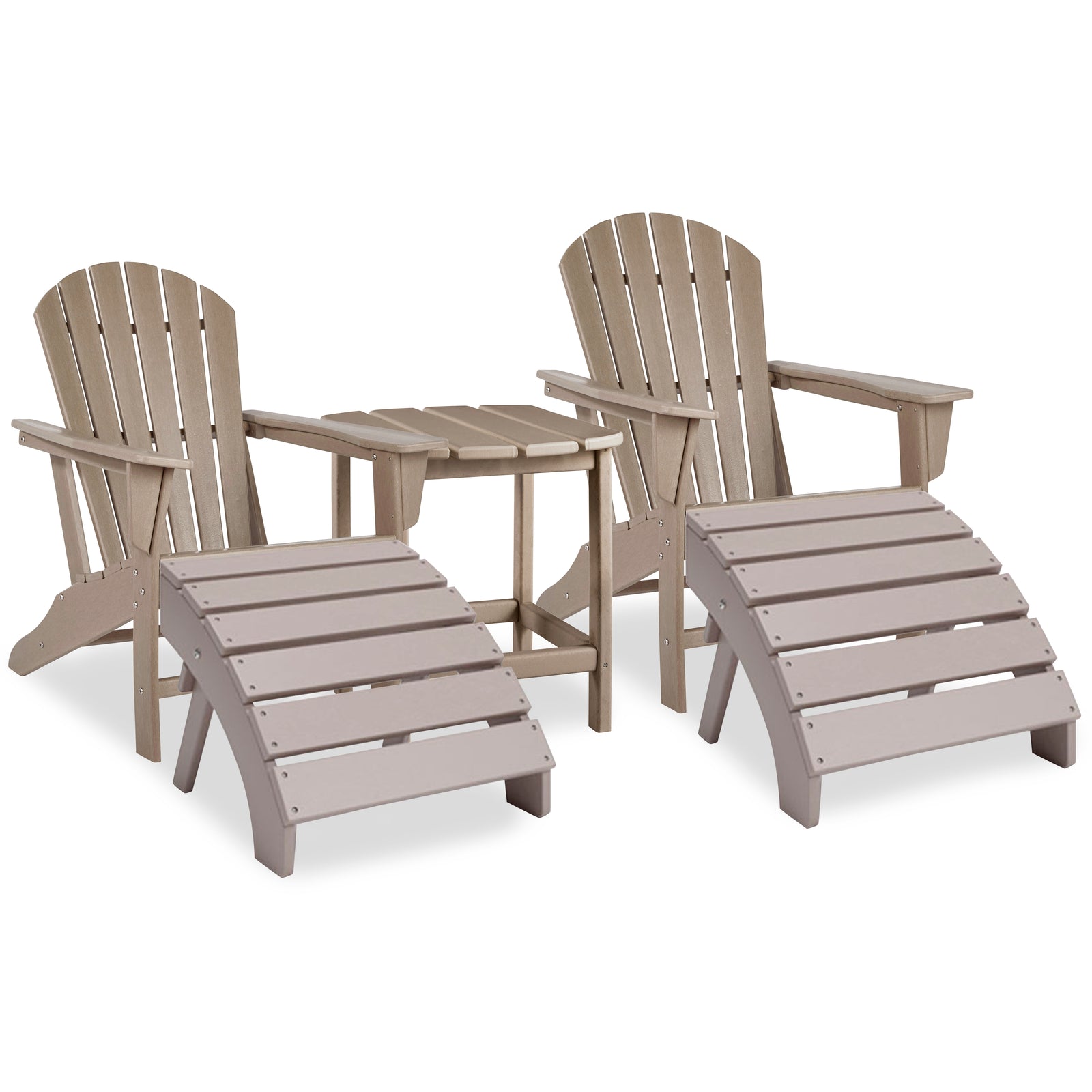 Sundown Driftwood Treasure 2 Outdoor Adirondack Chairs And Ottomans With Side Table