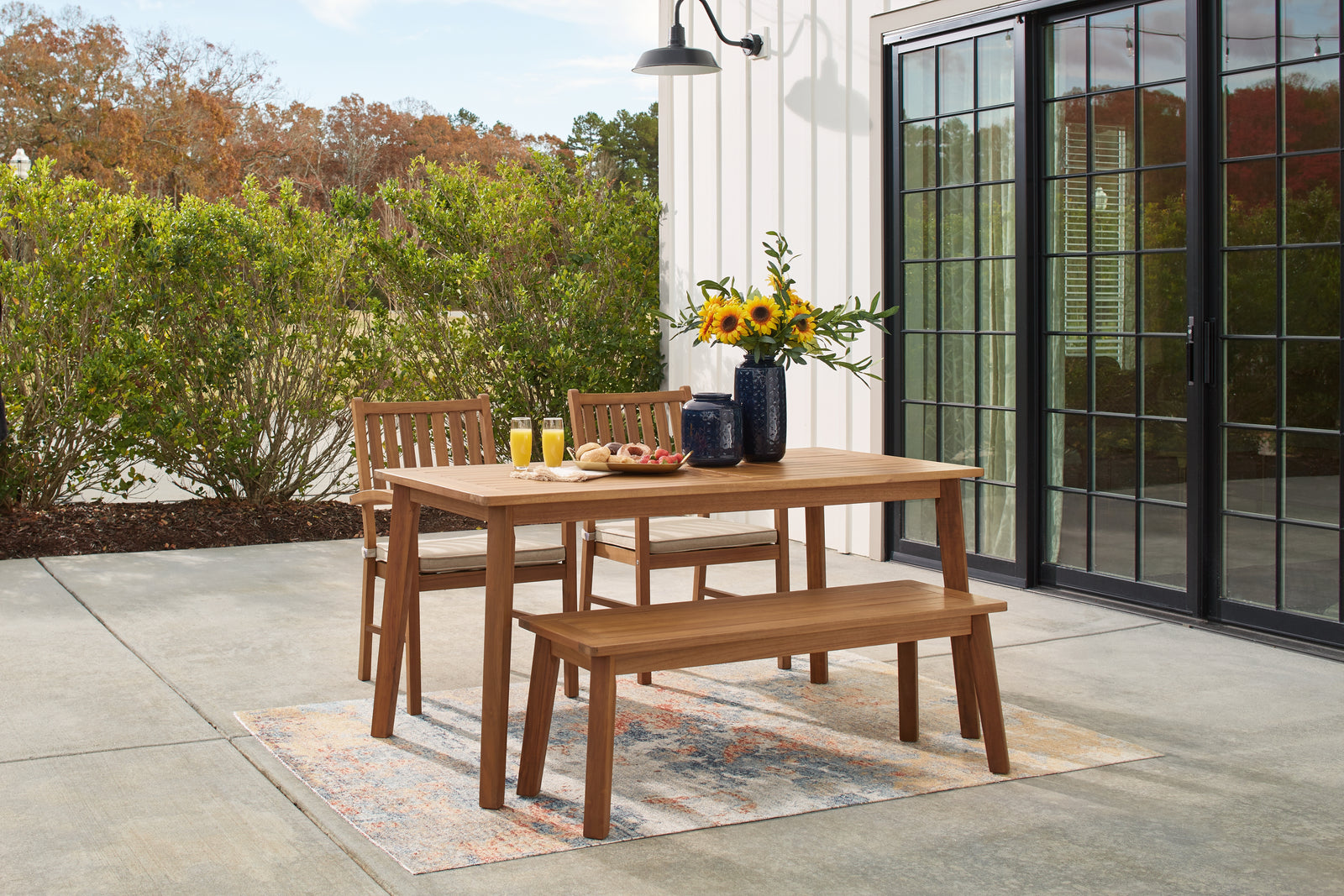 Janiyah Light Brown Outdoor Dining Table And 2 Chairs And Bench