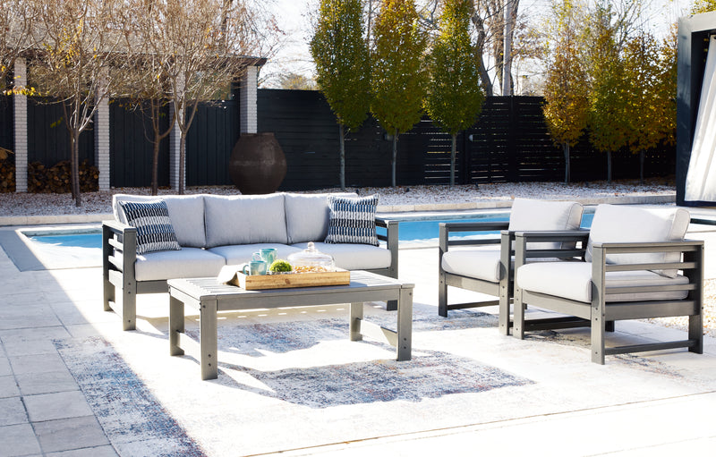 Amora Charcoal Gray Outdoor Sofa And 2 Chairs With Coffee Table