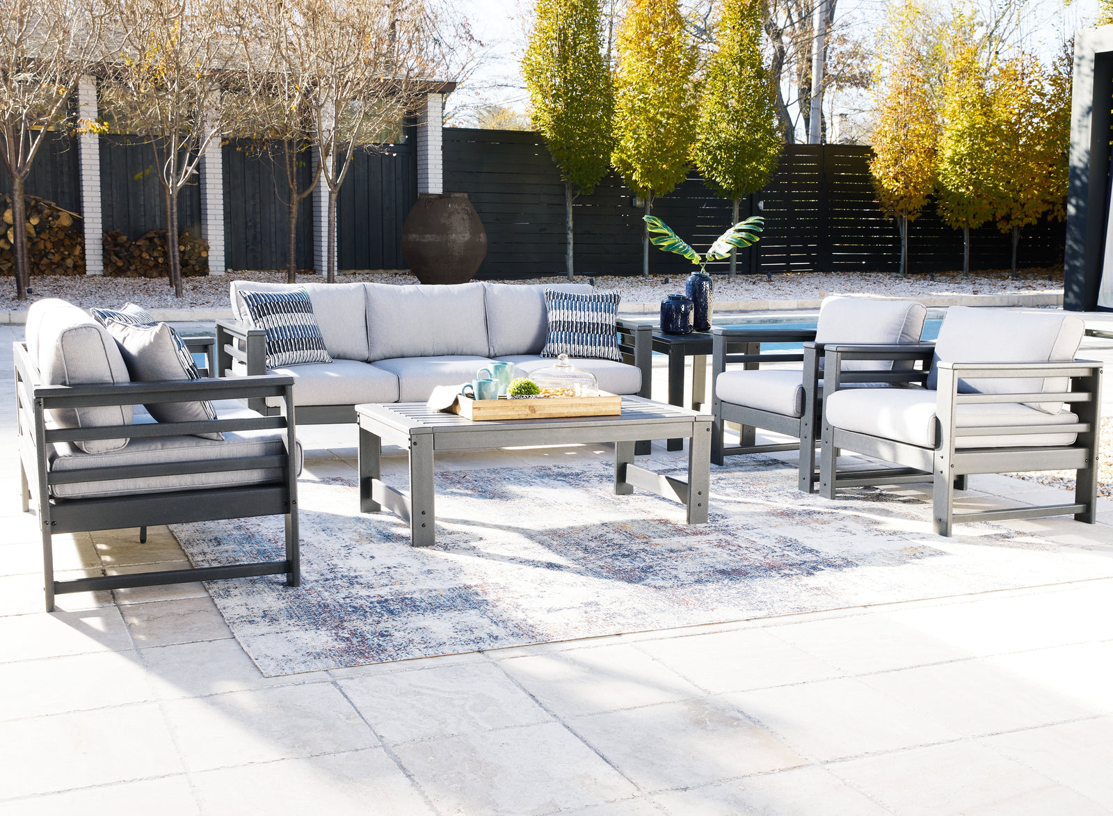 Amora Charcoal Gray Outdoor Sofa, Loveseat And 2 Lounge Chairs With Coffee Table And End Table