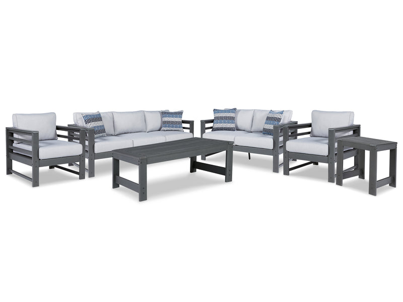 Amora Charcoal Gray Outdoor Sofa, Loveseat And 2 Lounge Chairs With Coffee Table And End Table