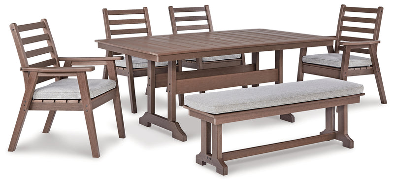 Emmeline Brown Outdoor Dining Table And 4 Chairs And Bench