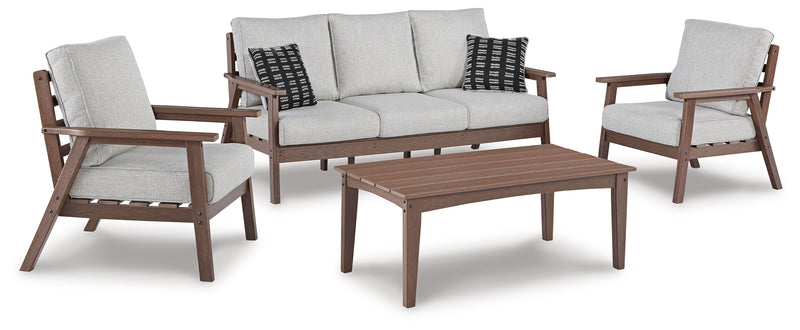Emmeline Brown/beige Outdoor Sofa And 2 Chairs With Coffee Table