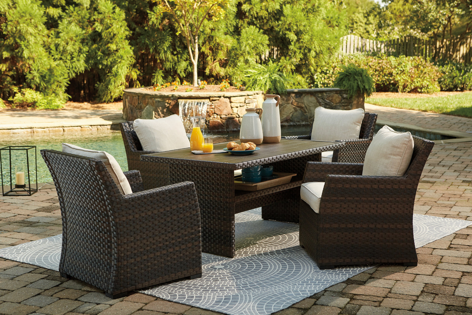 Easy Dark Brown/beige Isle Outdoor Dining Table And 4 Chairs