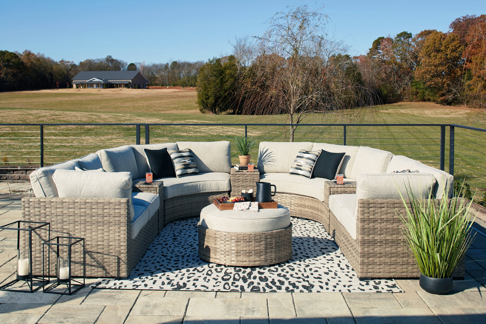 Calworth Beige Outdoor 9-Piece Sectional With Ottoman