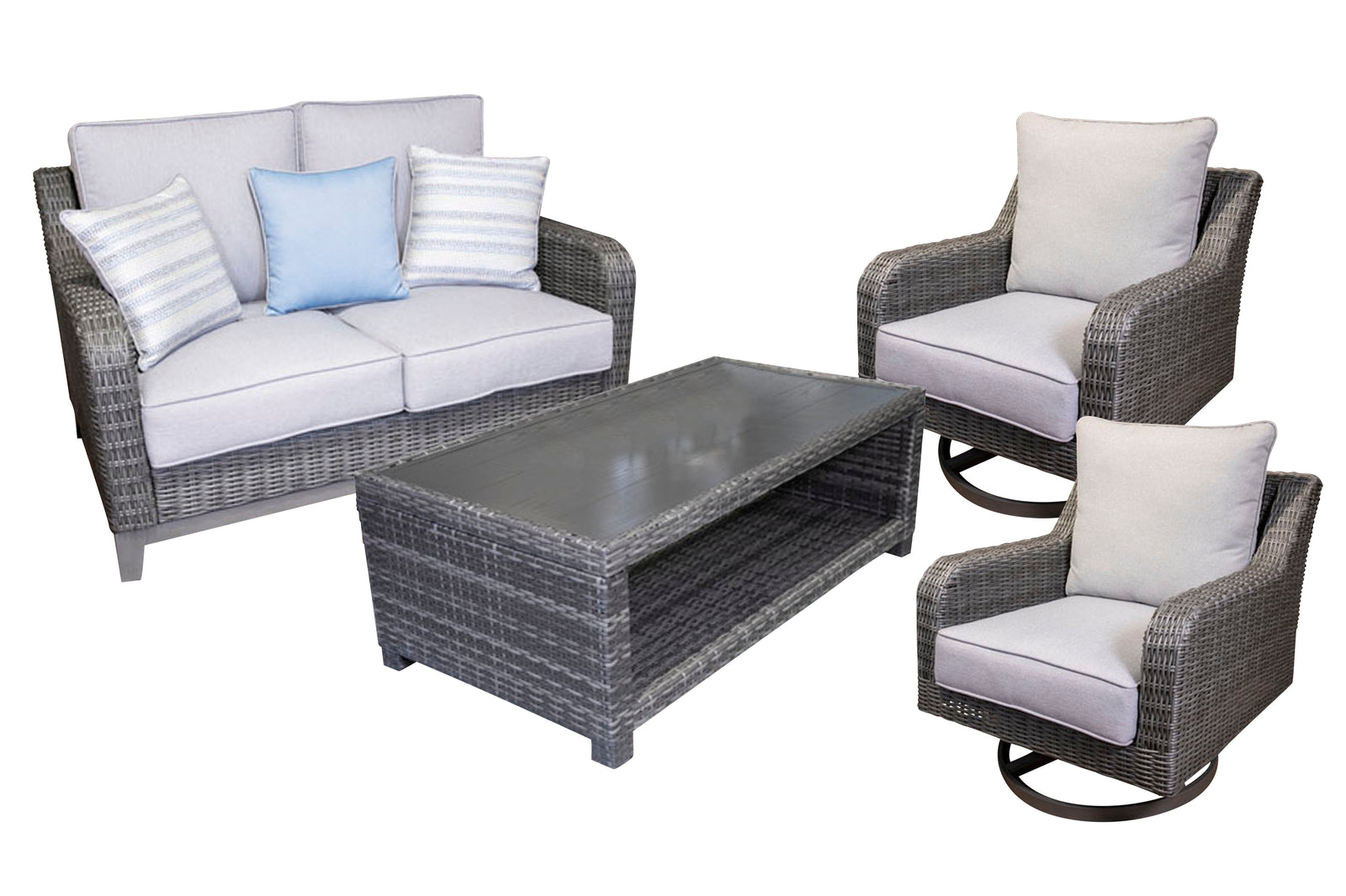 Elite Gray Park Outdoor Loveseat And 2 Lounge Chairs With Coffee Table