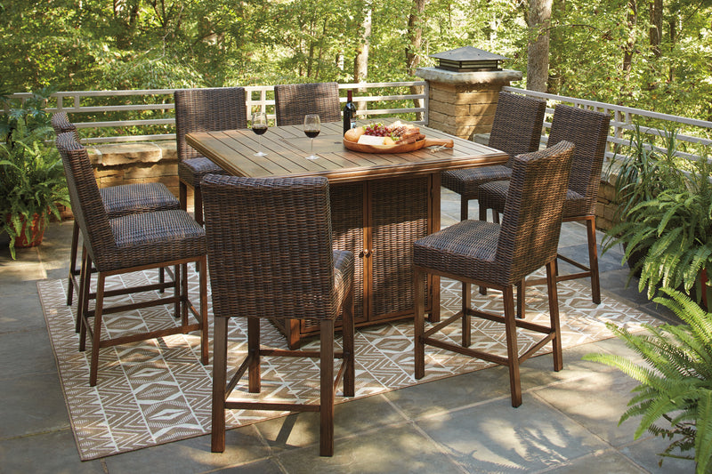 Paradise Medium Brown Trail Outdoor Bar Table And 8 Barstools