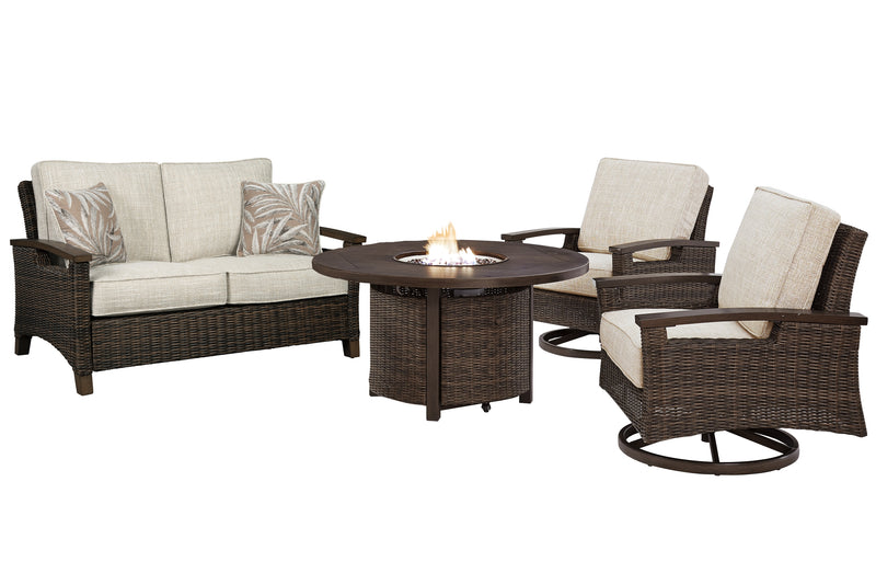 Paradise Medium Brown Trail Outdoor Loveseat And 2 Lounge Chairs With Fire Pit Table