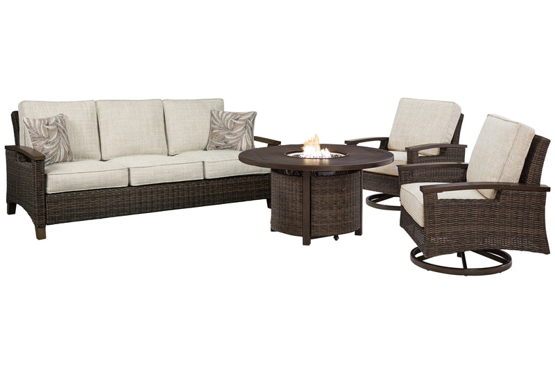 Paradise Medium Brown Trail Outdoor Sofa And 2 Lounge Chairs With Fire Pit Table
