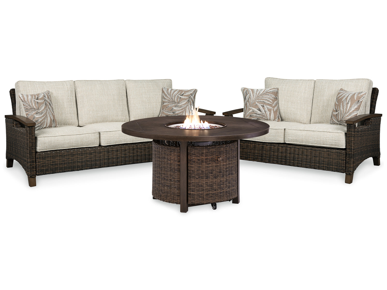 Paradise Medium Brown Trail Outdoor Sofa And Loveseat With Fire Pit Table