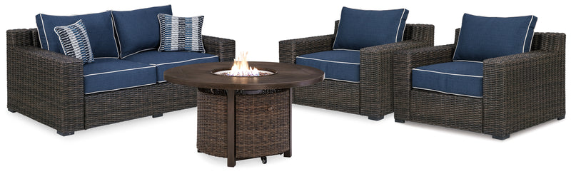 Grasson Brown/blue Lane Outdoor Loveseat And 2 Lounge Chairs With Fire Pit Table