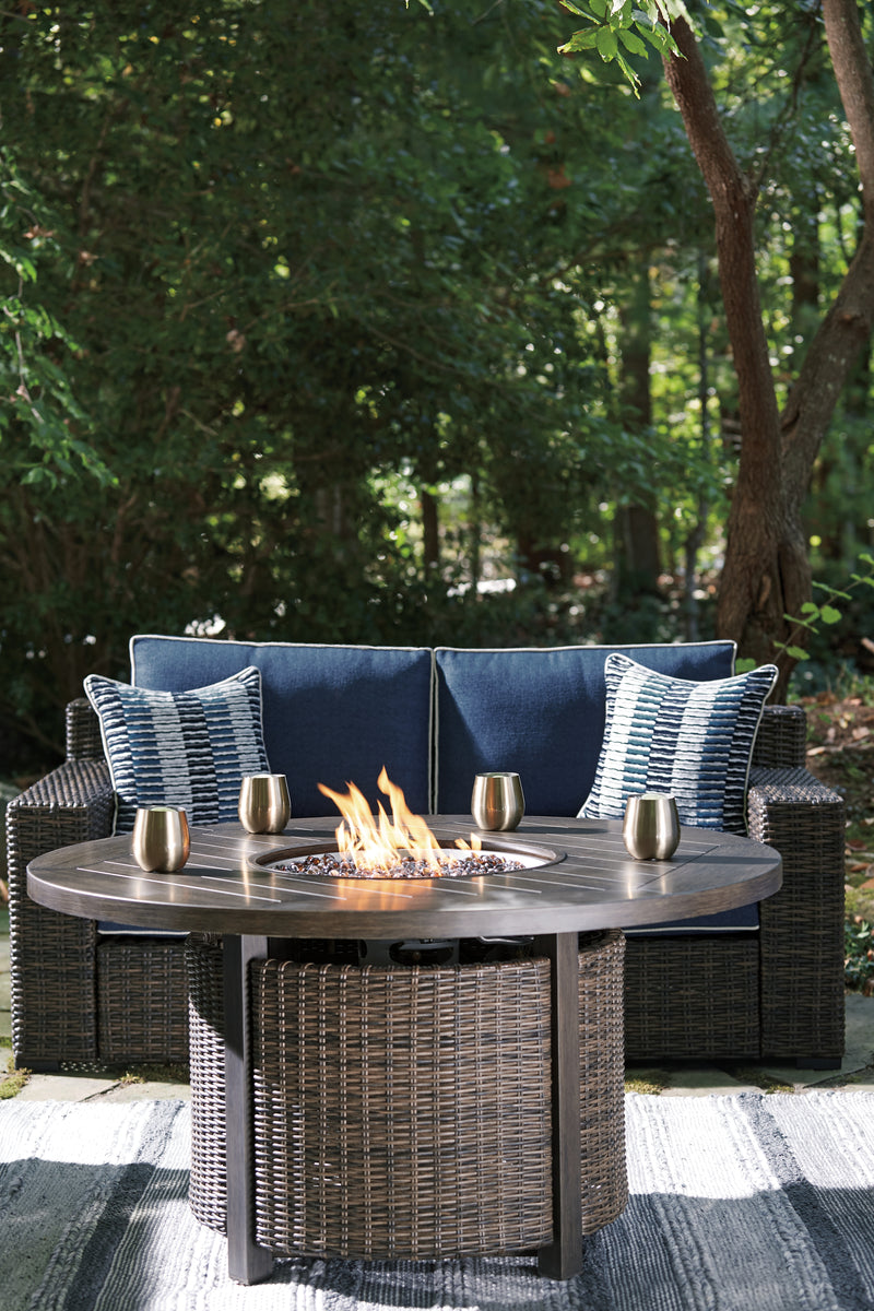Grasson Brown/blue Lane Outdoor Loveseat With Fire Pit Table