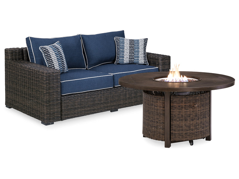 Grasson Brown/blue Lane Outdoor Loveseat With Fire Pit Table