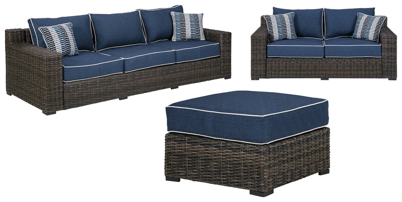 Grasson Brown/blue Lane Outdoor Sofa, Loveseat And Ottoman