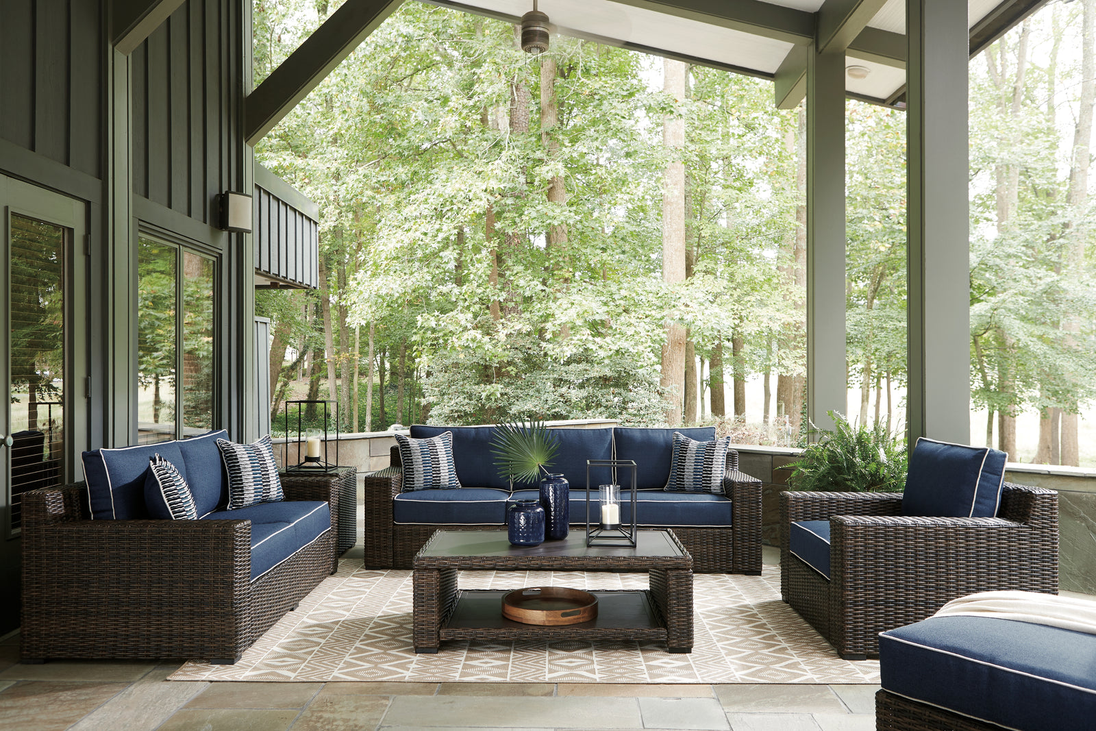 Grasson Brown/blue Lane Outdoor Sofa, Loveseat, Lounge Chair And Ottoman With Coffee Table And End Table