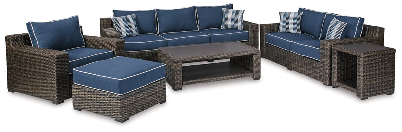 Grasson Brown/blue Lane Outdoor Sofa, Loveseat, Lounge Chair And Ottoman With Coffee Table And End Table